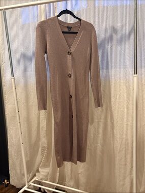 Ann Taylor Long Taupe Ribbed Button-Front Dress Cardigan